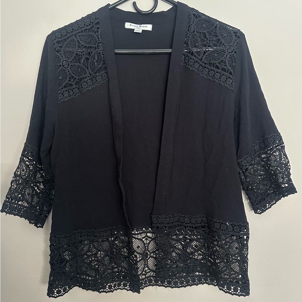 STUDIO WORKS Size SMALL PETITE, BLACK Lace Trim Cardigan
